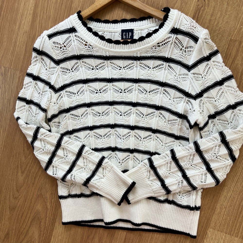 GAP‎ Womens Crochet Sweater Small Open Knit Coastal Stripes Preppy Fisherman